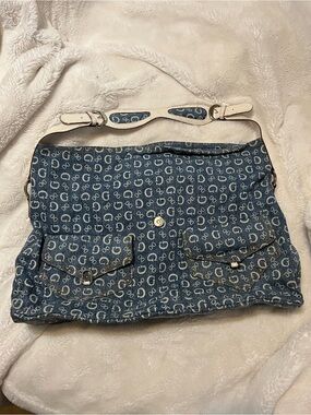 Guess Denim Logo Shoulder Bag in Blue and White